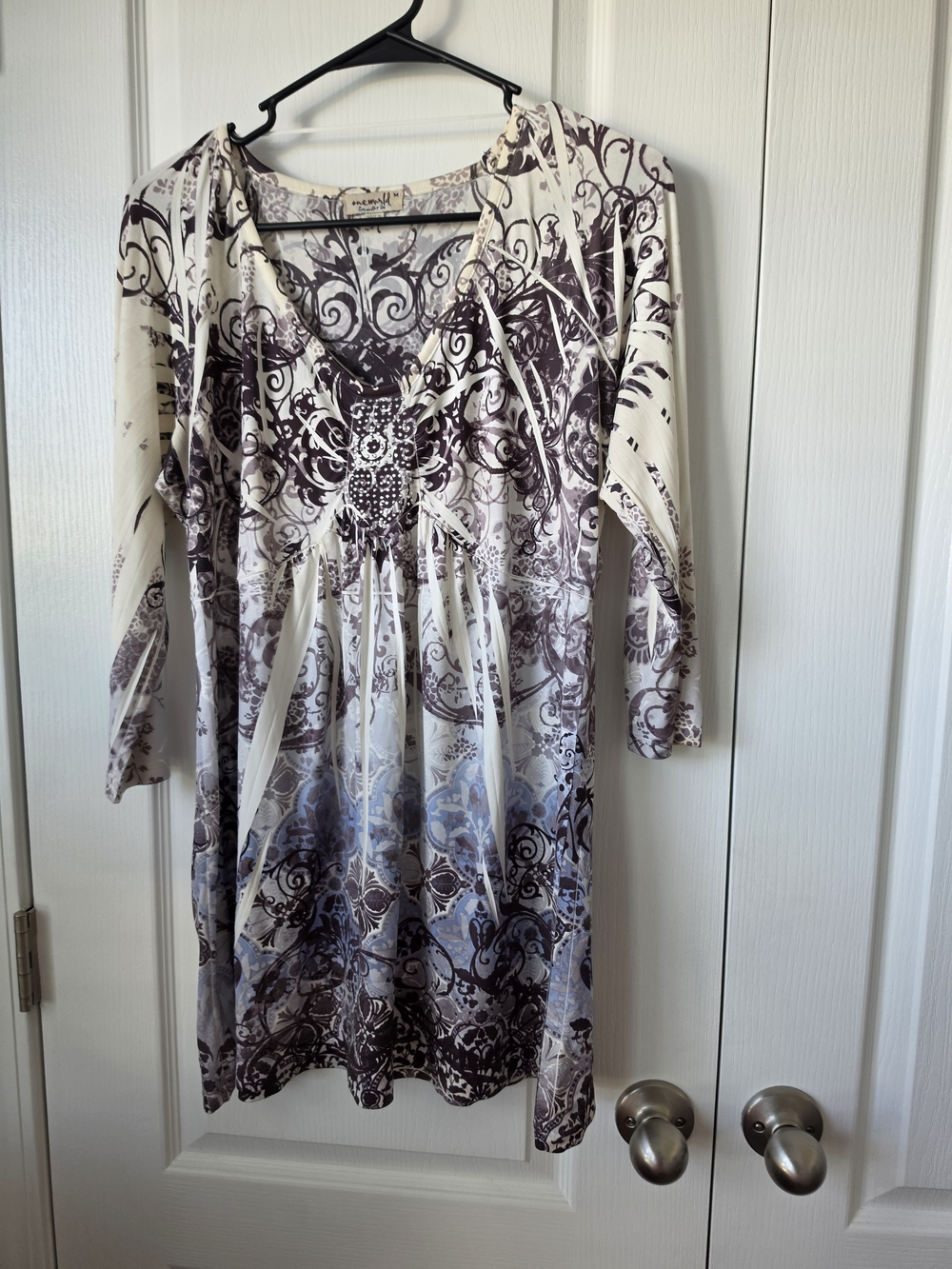 One World Cream and Brown Printed Long Sleeve Tunic Top Sz M